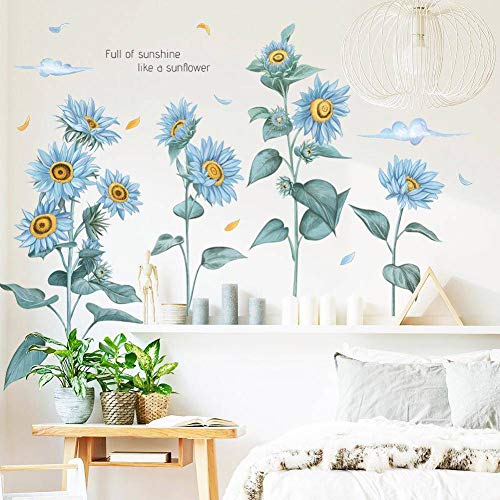 WandSticker4U®- XXL Wandsticker SONNENBLUMEN in BLAU I Wandbilder: 96x76 cm I Wandtattoo Wohnzimmer Blumen Blätter Pflanzen Liebe Wand-aufkleber I Wand Deko für Schlafzimmer Küche Flur von WandSticker4U