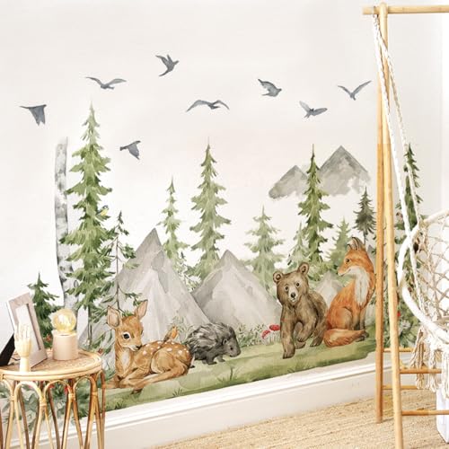 WandSticker4U®- XXL Wandtattoo Kinderzimmer TIERE & WALD (150x96 cm) I Wandsticker Tiere Dschungel Mädchen & Junge I Wandaufkleber Fuchs Bär Reh Baum Baby Zimmer Deko GROß von WandSticker4U