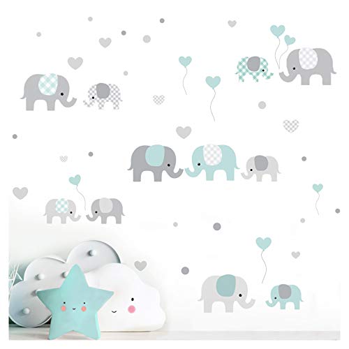 Little Deco Wandaufkleber Kinderzimmer Junge Mädchen Elefanten Grau Mint I Zwei A4 Bögen I Wandtattoo Deko Aufkleber Babyzimmer Wandsticker Jungs Sticker DL340-2 von Wandaro