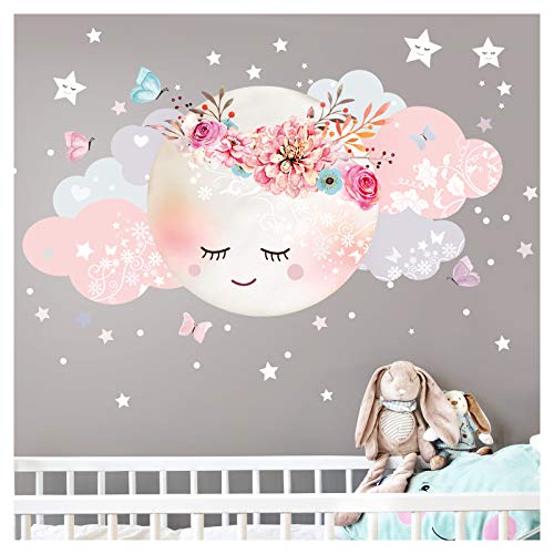 Little Deco Wandsticker Kinderzimmer Mädchen Mond & Wolken I L - 77 x 38 cm (BxH) I Wandtattoo Babyzimmer selbstklebend Wandaufkleber Sterne Blumen Kinder DL243 von Wandaro