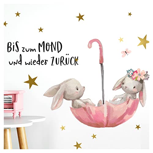 Little Deco Wandtattoo Babyzimmer Hasen & Spruch Bis zum Mond I Wandbild 51 x 28 cm (BxH) I Regenschirm Kinderbilder Deko Kinderzimmer Mädchen Aufkleber Sticker DL160 von Wandaro