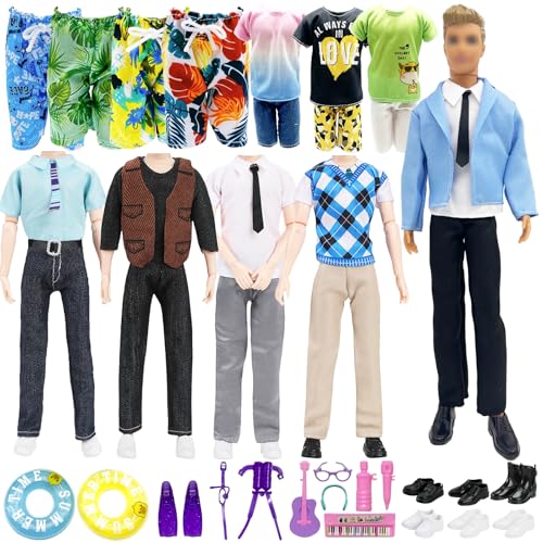 18 Pack of Clothes and Accessories Compatible with Ken doll, Kleidung und Zubehör 1 Anzug 6 Freizeitoberteile Hosen 1 Badeshorts 4 Schuhe und Schwimmzubehör für 12 Zoll Jungen Puppen von WanderGo