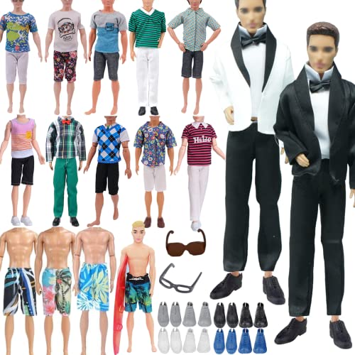 23-teiliges Doll Clothes Compatiable with Ken-Barbie-Puppen-Kleidung und Zubehör-Set, einschließlich 1 Anzug, 5 Oberteile, 5 Hosen, 2 Boardshorts, 8 Schuhe, 1 Brille und 1 Surfboard (zufälliger Stil) von WanderGo