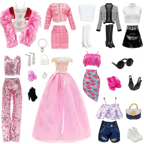 28 Stück Puppen Kleidung und Zubehör, enthalten 7 schöne Sets, auch enthalten 1 Sonnenbrille + 2 Taschen + 1 Paar Ohrringe + 1 Armband + 1 Perlenkette, Sets für 11,5 Zoll Puppen，28pcs doll Clothes von WanderGo