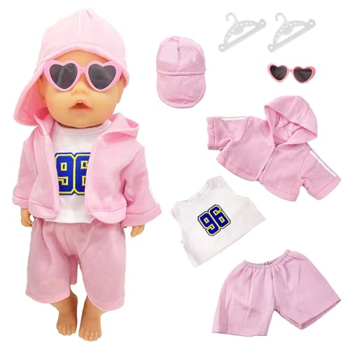 Babypuppenkleidung für 14-18 Zoll Puppe 35-45 cm Babypuppe, Reborn Babypuppenkleidung einschließlich rosa Blusen-Shorts und weißer Unterwolle, rosa Hut und Brille, 2 weiße Kleiderbügel für Mädchen von WanderGo