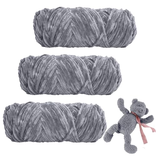 Chenille Wolle zum Häkeln, Velvety Baby Wool, 3 Rolle 100g Babywolle zum Häkeln Weich Chenille Wolle Stricken Soft Yarn Wool for Knitting and Crocheting(Grau) von WanderGo