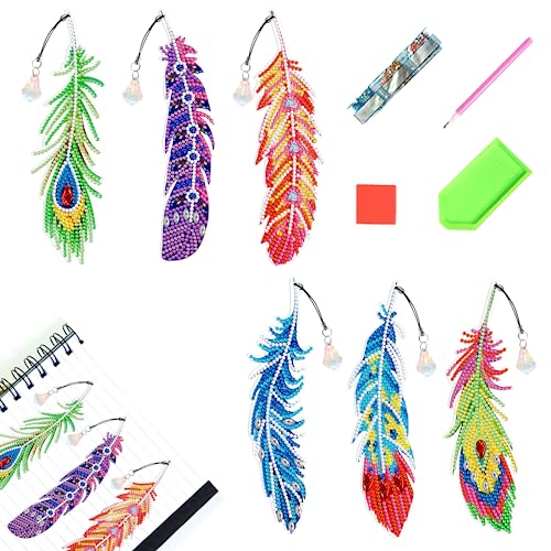 6 Stück Diamond Painting Feather Lesezeichen, 5D DIY Diamond Painting Anhänger, Diamant-Malerei Feder Lesezeichen Lehrerin, Kinder Bookmark Diamant Painting Zubehöhr für Tag des Lehrers Geschenk von WanderGo