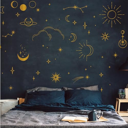 Wandsticker Aufkleber Sternenhimmel Set gold silber kupfer Wandaufkleber Dekosterne Mond Sonne Sternbild von Wandtattoo Loft