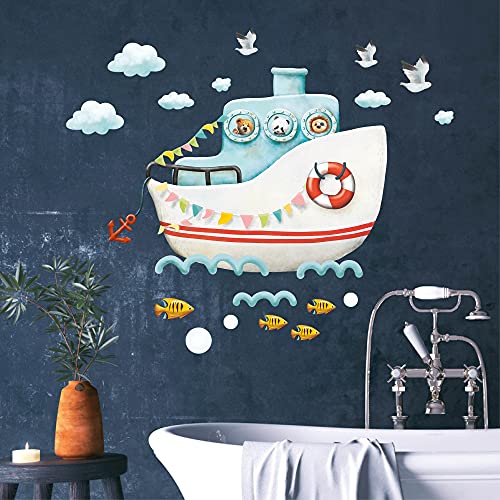 Wandtattoo Kinderzimmer Boot Schiff mit Tieren, Dekoration Babyzimmer, L: 100 cm x 76 cm von Wandtattoo Loft