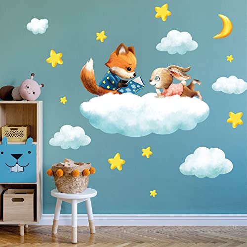 Wandtattoo Kinderzimmer Fuchs und Hase auf Wolke mit Mond und Sternen Dekoration Babyzimmer, 2. M 132 x 100 cm von Wandtattoo Loft