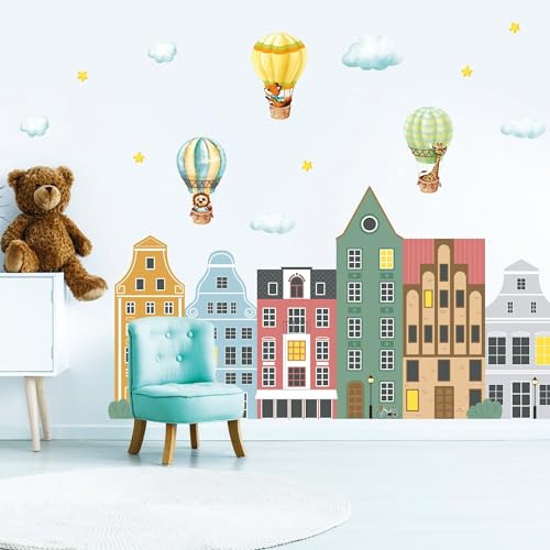 Wandtattoo Kinderzimmer Häuser Hansehäuser und Heißluftballons mit Tieren Dekoration Babyzimmer von Wandtattoo Loft