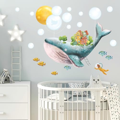 Wandtattoo Kinderzimmer bunt Wal Fische Taucher Dekoration Babyzimmer blau Mädchen Junge, 78 cm x 117 cm von Wandtattoo Loft