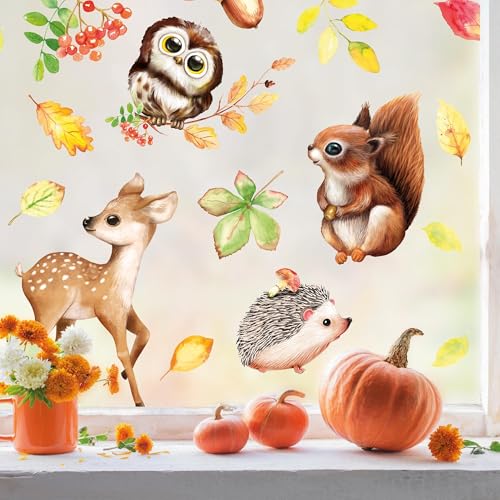 Wandtattoo LOft Fensteraufkleber Herbsttiere Set Rehkitz Eule Eichhörnchen Igel Blätter Eichel herbstlicher Fensteraufkleber Fensterdeko, 1. A4 Bogen von Wandtattoo Loft