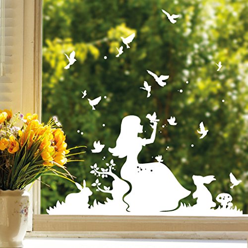 Wandtattoo Loft Fensteraufkleber "Mädchen auf Wiese mit Vögeln und Kaninchen" /Sticker/Fensteraufkleber / 29 Farben/weiß von Wandtattoo-Loft