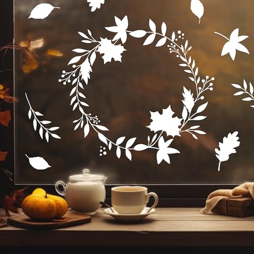 Wandtattoo Loft Fensterbild Herbst Blätterkranz Blätter Herbstlicher Fensteraufkleber Fensterdeko wiederverwendbare Fensteraufkleber Wohnzimmer, 3. A2 Bogen, Weiß von Wandtattoo Loft