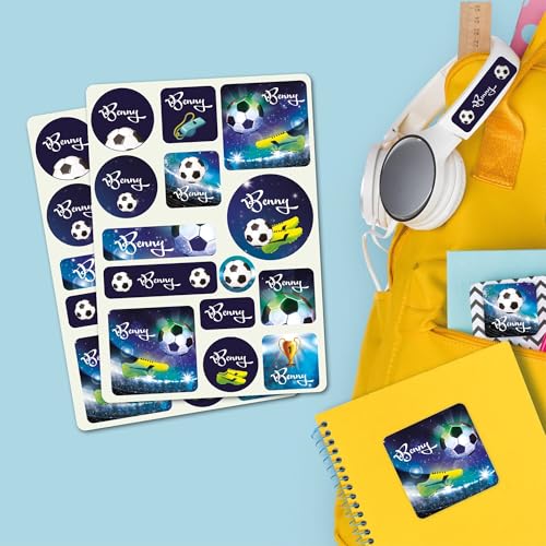 Wandtattoo Loft Namensaufkleber Sticker Fußball blau Wunschname Set Aufkleber Fussball Schule Kindergarten Aufkleberset Name Einschulung Bücheraufkleber von Wandtattoo Loft