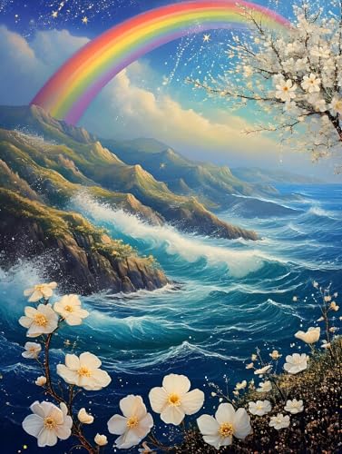 Regenbogen Ozean Malen Nach Zahlen Kinder, Bastelset Erwachsene Frauen Paint by Numbers, DIY Faltenfreie Leinwand, mit Pinseln und Acrylpigment-Kunstwerk Set,Zimmer Deko Mädchen Geschenk 40x50cm W-504 von Wangdoud