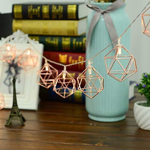 Wankd Vintage Lampenschirm Lichterketten, 1,5M 10 LEDs Rosé Gold Metall Polygon Laterne Käfig Geometrisches Lichter Batteriebetriebene für Home Patio Garten Hochzeit(Warmweiß) von Wankd