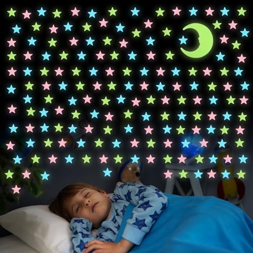 Wanmu 201 Stück Leuchtsterne Wandtattoo Selbstklebend, Kinderzimmer Sternenhimmel Sterne Mond Leuchtsterne Aufkleber Wandaufkleber für Decke Wandtattoo Mädchen Jungen von Wanmu