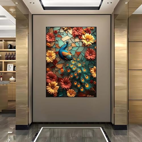 5D Diamant Painting Bilder Blume Diamond Painting Pfauen Diamond Painting Erwachsene, Mosaikherstellung DIY Runde Drill Diamant Painting Set für Anfänger und Kinder für Haus Dekoration 50x70 cm 5-Z von Wanziho