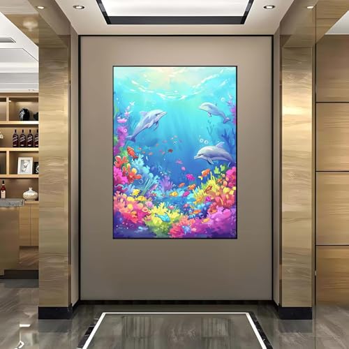 5D Diamant Painting Bilder Delfin Diamond Painting Meer Diamond Painting Erwachsene, Mosaikherstellung DIY Runde Drill Diamant Painting Set für Anfänger und Kinder für Haus Dekoration 50x70 cm L-8 von Wanziho