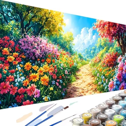 Blume Malen Nach Zahlen Erwachsene, Malen Nach Zahlen Blumenmeer Kinder Anfänger, DIY Ölgemälde Leinwand Kit mit 3 - Pinseln und Acrylfarbe für Geschenke und Home Wand Dekor 60x30cm Ohne Rahmen 5-w von Wanziho