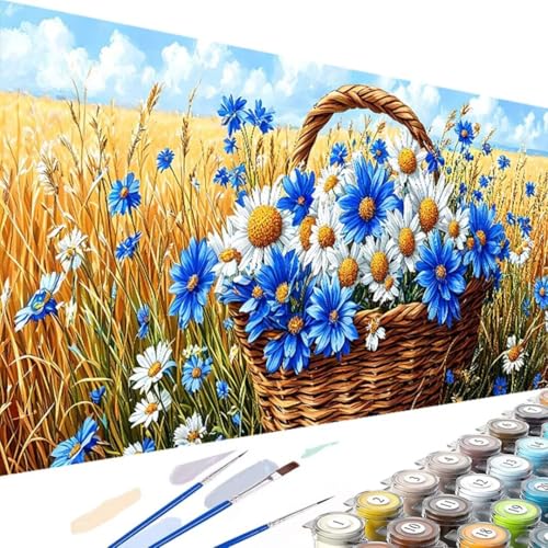 Blume Malen Nach Zahlen Erwachsene, Malen Nach Zahlen Gänseblümchen Kinder Anfänger, DIY Ölgemälde Leinwand Kit- mit Pinseln und Acrylfarbe für Geschenke und Home Wand Dekor 60x30cm Ohne Rahmen B-4 von Wanziho