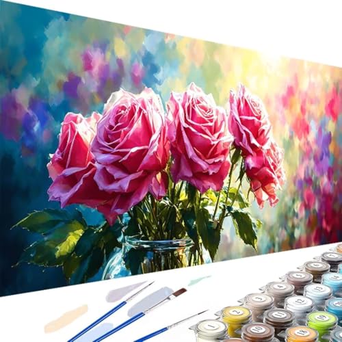 Blume Malen Nach Zahlen Erwachsene, Malen Nach Zahlen Rose Kinder Anfänger, DIY Handgemalt Ölgemälde Kits mit 3-Pinseln und Acrylfarbe für Geschenke und Home Wand Dekor 60x120cm Ohne Rahmen 4-4 von Wanziho