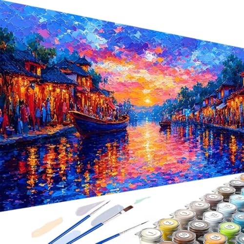 Boot Malen Nach Zahlen Erwachsene, Malen nach Zahlen DIY Handgemalt Ölgemälde Kit für Anfänger und Erwachsene mit 3-Pinseln und Acrylfarbe, für Haus Dekor Ohne Rahmen 100x200cm Kleine Stadt 2-0 von Wanziho