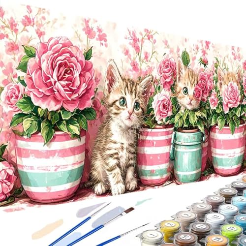 Katze Malen Nach Zahlen Erwachsene, Malen Nach Zahlen Blume Kinder Anfänger, DIY Handgemalt Ölgemälde Kits mit 3-Pinseln und Acrylfarbe für Geschenke und Home Wand Dekor 60x30cm Ohne Rahmen 5-a von Wanziho