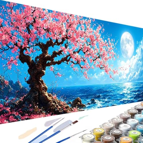 Kirschblüten Malen Nach Zahlen Erwachsene, Malen nach Zahlen DIY Handgemalt Ölgemälde Kit für Anfänger und Erwachsene mit 3-Pinseln und Acrylfarbe, für Haus Dekor Ohne Rahmen 100x200cm Mond 2-3 von Wanziho