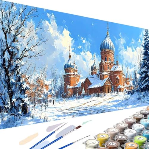 Landschaft Malen Nach Zahlen Erwachsene Winter, DIY Ölmalerei Bastelset für Anfänger und Erwachsene, Acrylfarben Set und 3 Pinsel, Geschenke und Home Haus Deko-60x30cm (Ohne Rahmen) B-p von Wanziho