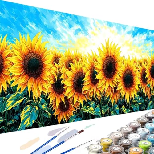 Landschaft Malen Nach Zahlen ab 5 6 7 Jahre Mädchen Ohne Rahmen-Sonnenblume Malen Nach Zahlen Kinder, DIY Handgemalt Ölgemälde Kit mit Pinseln und Acrylfarbe für Geschenk Deko Wohnzimmer 40x80cm F-r von Wanziho