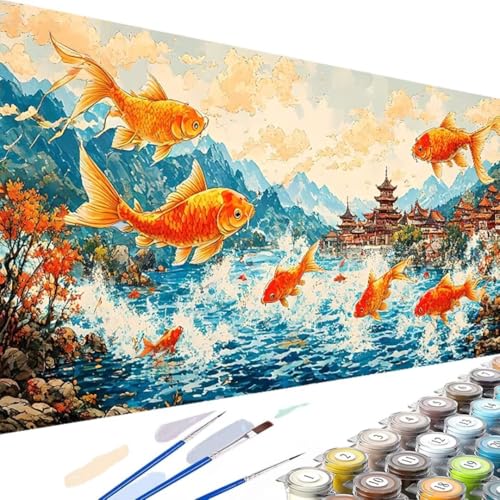 Meer Malen Nach Zahlen Erwachsene, Malen Nach Zahlen Fisch Kinder Anfänger, DIY Handgemalt Ölgemälde Kits mit 3-Pinseln und Acrylfarbe für Geschenke und Home Wand Dekor 60x120cm Ohne Rahmen 0-5 von Wanziho