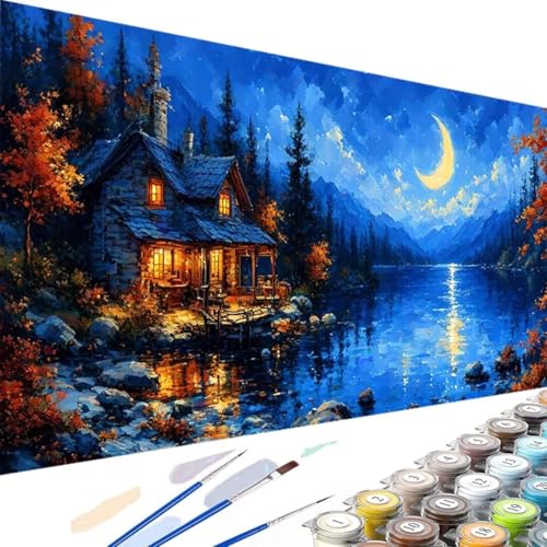 Mond Malen Nach Zahlen Erwachsene, Malen Nach Zahlen DIY Handgemalt Ölgemälde Kit für Anfänger und Erwachsene, Malen Nach Zahlen mit Pinseln und Acrylfarbe,für Home Decorr Ohne Rahmen 70x140cm See T-6 von Wanziho