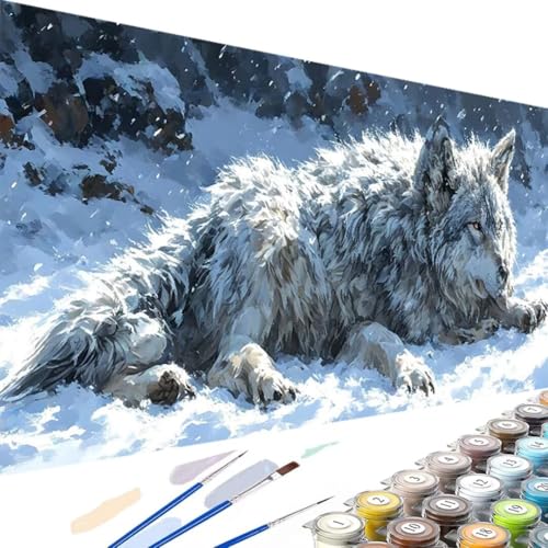 Schnee Malen Nach Zahlen Erwachsene, Malen Nach Zahlen Kinder DIY Handgemalt Ölgemälde Kit für Anfänger und Erwachsene mit 3-Pinseln und Acrylfarbe, für Home Wand Dekor Ohne Rahmen 70x140cm Wolf 8-s von Wanziho