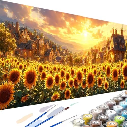 Sonnenblume Malen Nach Zahlen Erwachsene- DIY Handgemalt Ölgemälde Kit für Erwachsene Kleine Stadt, Malen Nach Zahlen Kinder mit Pinseln und Acrylfarbe für Haus Dekoration (Ohne Rahmen), 90x180cm S-5 von Wanziho