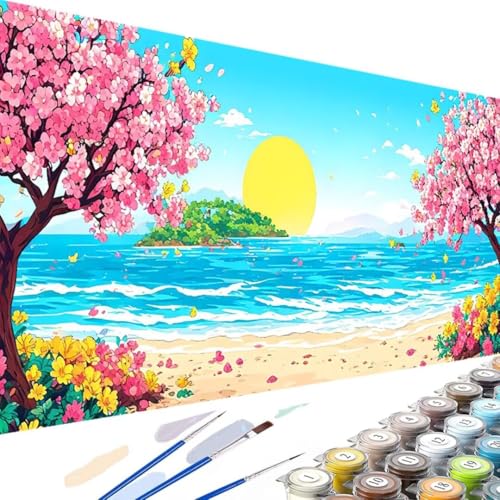 Strand Malen Nach Zahlen Erwachsene Blume, Malen Nach Zahlen Kinder DIY Handgemalt Ölgemälde Leinwand Kits mit Pinsels und Acrylfarbe Als Geschenke und Heimdekoration, Ohne Rahmen 80x160cm B-x von Wanziho