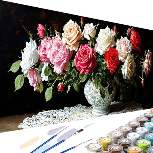 Wanziho Blume Malen Nach Zahlen Erwachsene Rose, DIY Ölmalerei Bastelset für Anfänger und Erwachsene, Acrylfarben Set und 3 Pinsel, Geschenke und Home Haus Deko-60x30cm (Ohne Rahmen) Z-o von Wanziho