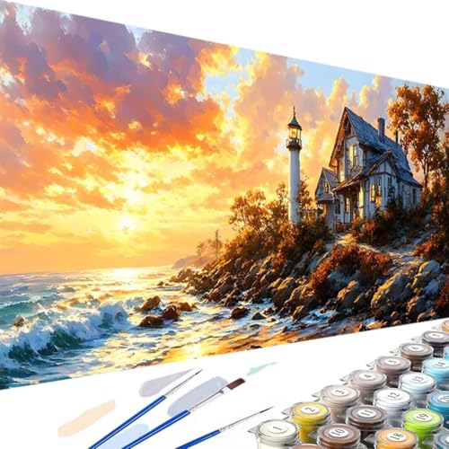 Wanziho Landschaft Malen Nach Zahlen Erwachsene Leuchtturm, DIY Ölmalerei Bastelset für Anfänger und Erwachsene, Acrylfarben Set und 3 Pinsel, Geschenke und Home Haus Deko-90x180cm (Ohne Rahmen) 4-1 von Wanziho