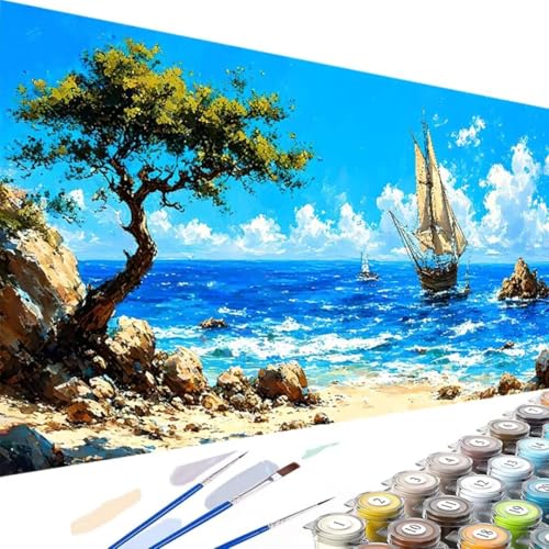 Wanziho Landschaft Malen Nach Zahlen Erwachsene Meer, DIY Ölmalerei Bastelset für Anfänger und Erwachsene, Acrylfarben Set und 3 Pinsel, Geschenke und Home Haus Deko-60x120cm (Ohne Rahmen) L-j von Wanziho