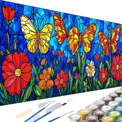 Wanziho Malen Nach Zahlen Erwachsene Blume Paint by Numbers, DIY Malen Nach Zahlen Schmetterling, mit Pinseln und Acrylfarben Handgemalt Ölgemälde Leinwand für Home Decorr, Ohne Rahmen 60x120cm J-a von Wanziho