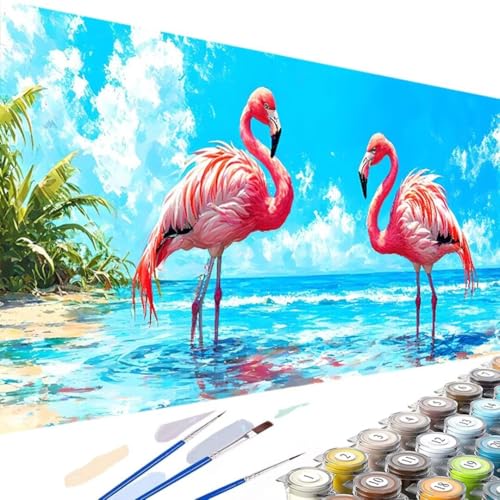 Wanziho Malen Nach Zahlen Erwachsene Flamingo DIY Meer Handgemalt Ölgemälde Kit für Anfänger, mit 3-Pinseln und Acrylfarbe Handgemalt öLgemäLde Kit Als Geschenk 80x160cm (Ohne Rahmen) D-t von Wanziho