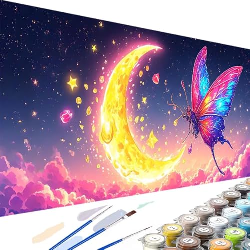 Wanziho Malen Nach Zahlen Erwachsene Mond DIY Schmetterling Handgemalt Ölgemälde Kit für Anfänger, mit 3-Pinseln und Acrylfarbe Handgemalt öLgemäLde Kit Als Geschenk 50x100cm (Ohne Rahmen) 8-9 von Wanziho