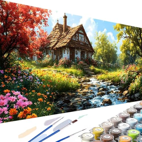 Wanziho Malen nach Zahlen Erwachsene Blume, DIY Handgemalt Ölgemälde Kit Paint by Numbers Adult Fluss mit 3 - Pinseln und Acrylfarbe knitterfreie leinwand Kit - 60x30cm (Ohne Rahmen) 6-t von Wanziho