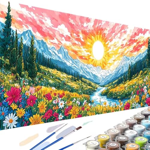 Wanziho Malen nach Zahlen Erwachsene Landschaft, DIY Handgemalt Ölgemälde Kit Paint by Numbers Adult Berg mit 3 - Pinseln und Acrylfarbe knitterfreie leinwand Kit - 60x30cm (Ohne Rahmen) 3-e von Wanziho