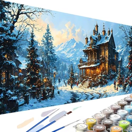 Wanziho Winter Malen Nach Zahlen Erwachsene Schloss, DIY Ölmalerei Bastelset für Anfänger und Erwachsene, Acrylfarben Set und 3 Pinsel, Geschenke und Home Haus Deko-60x30cm (Ohne Rahmen) 7-s von Wanziho