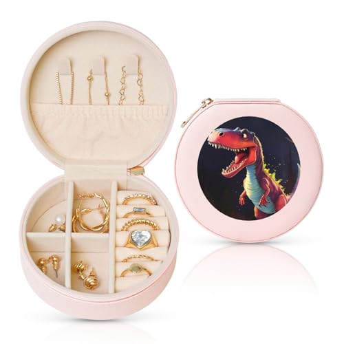 Dinosaurier-Schmuckschatulle mit großem Mund für Reisen, Schmuck-Organizer, Aufbewahrung für Damen, Halsketten, Ohrringe, Ringe, Zubehör, Aufbewahrung (rosa, rund) von WapNo