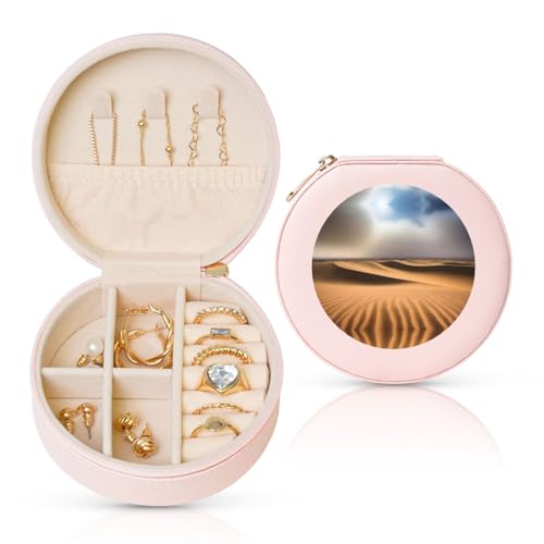 Gobi Strandkies, Schmuckschatulle, Reise-Schmuck-Organizer, Aufbewahrung für Damen, Halsketten, Ohrringe, Ringe, Accessoires, Aufbewahrung (rosa, rund) von WapNo