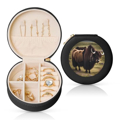 Mighty Highland Yak Schmuckschatulle, Reise-Schmuck-Organizer, Aufbewahrung für Damen, Halsketten, Ohrringe, Ringe, Accessoires, Aufbewahrung (schwarz, rund) von WapNo